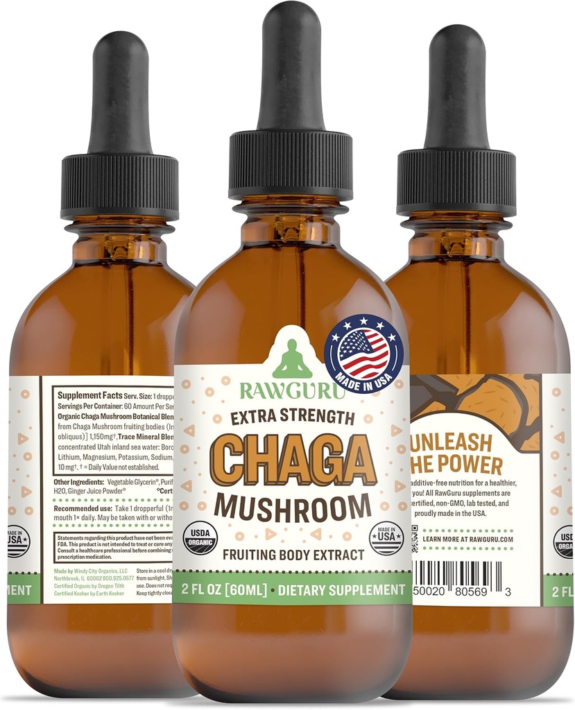 RawGuru Chaga蘑菇补充剂 - Vegan Chaga蘑菇提取剂与 Trace Minerals - Nano-Processed University Boost & Concepture - 60 services of Vegan Drops每60毫升,包装为1