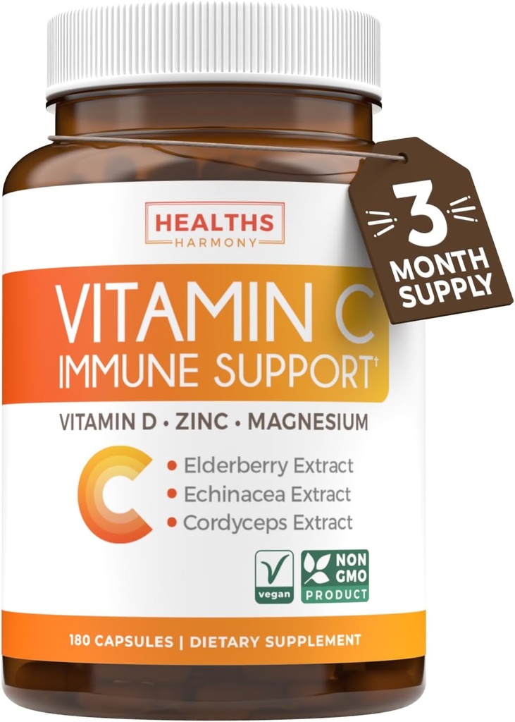 维生素C 免疫支持补充剂 - Immune Boost Blend with Elderberry Vitamin C 和用于每日和季节支持的锌 - 镁锌VIT C & D和草药防御综合体(供应3个月)