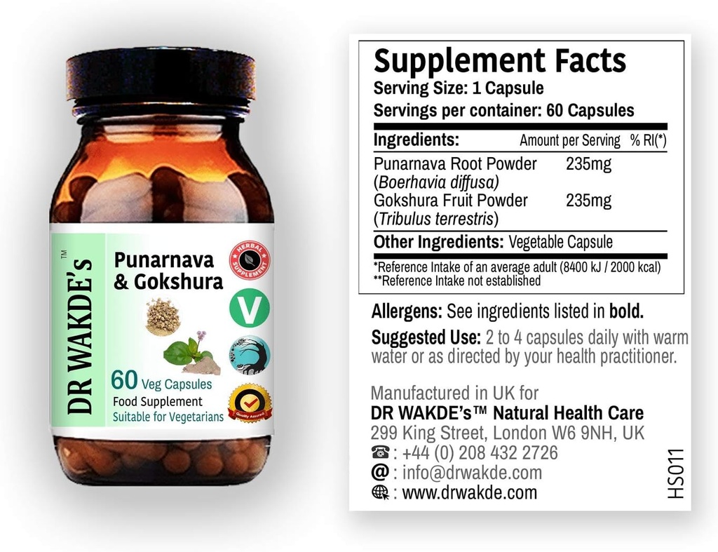 WAKDE的Punarnava & Gokshura Capsules (60 Veg Caps, 推广健康的尿液流, Ayurvedic 补编, Vegan, Herbal, All Natural, Made in UK).
