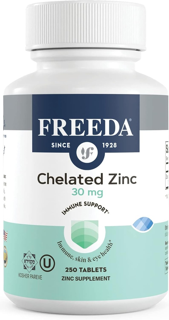 Freeda Chelated Zinc 30mg – TRAACS → 锌比斯格利茨为高吸附剂 – Vegan, Kosher, Gentle on Stomach – 对成年人,男性和女性的免疫支持 – 250 小片