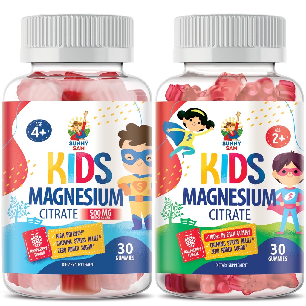 SUNNY SAM Magnesium Gummys for Kids - 100mg and Magnesium Gummys for Kids 500mg. Magnesium Chews - Magnesium Citrate Chewable Supplation for Mood & Muscle Support (英语).