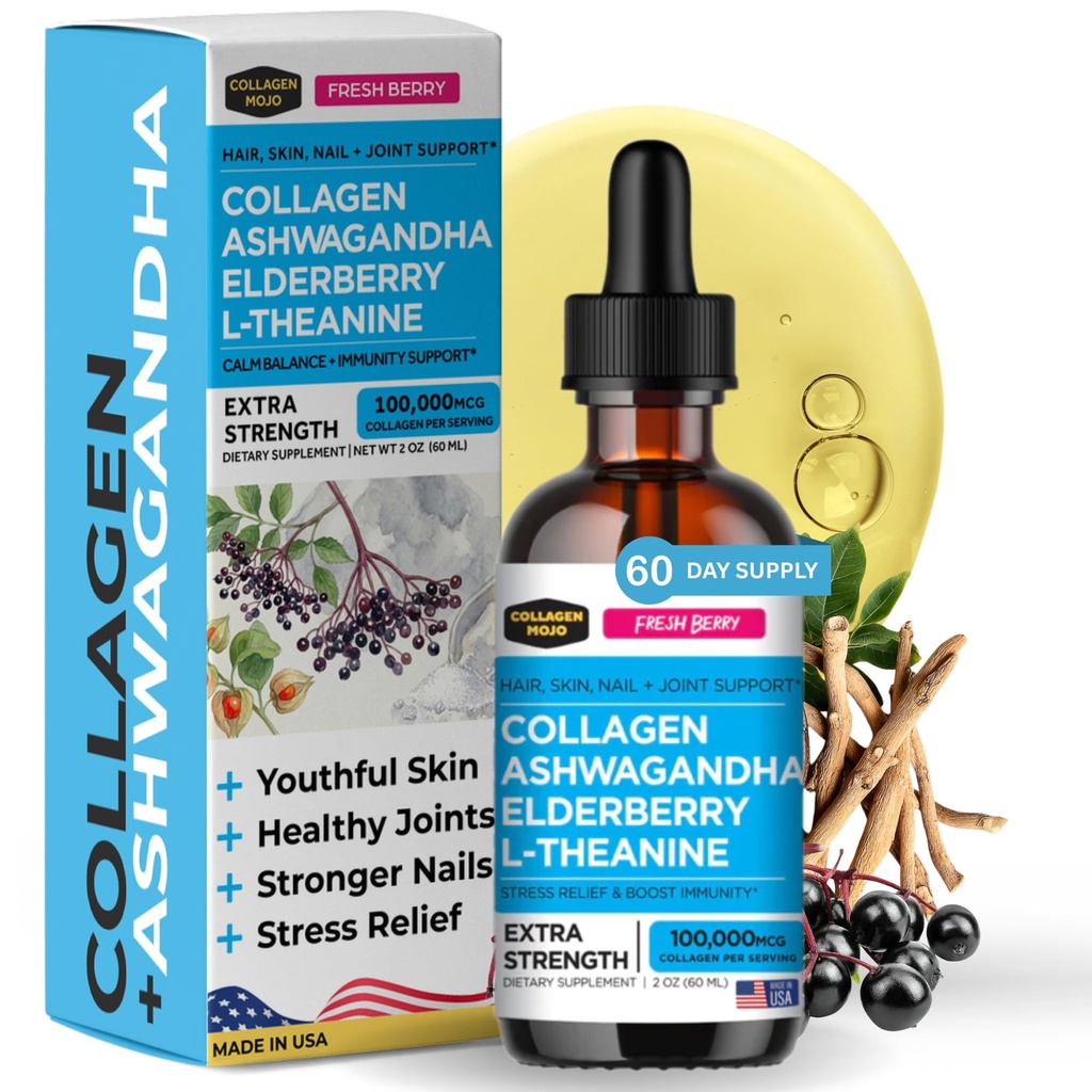Collagen Mojo - 男女液体Collagen、Collagen Peptides with Ashwagandha、Gerderberry & L-Theanine - 头发、皮肤、钉子、联合和压力支持、高吸收 - 100 000mcg、2 Oz