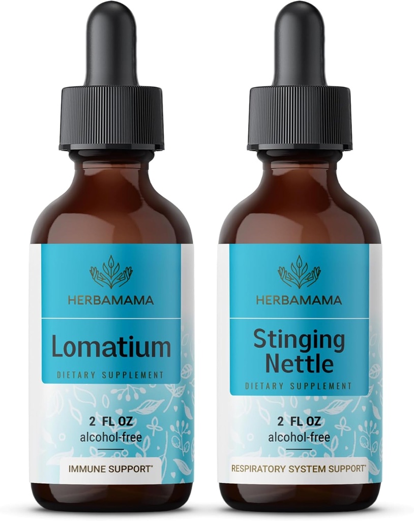 HERBAMAMA 草药液滴 Kit - Lomatium 根提取包和 Stinging Nettle Tincture 2 fl oz - Vegan, 非GMO, 糖和无酒精 - 2 包
