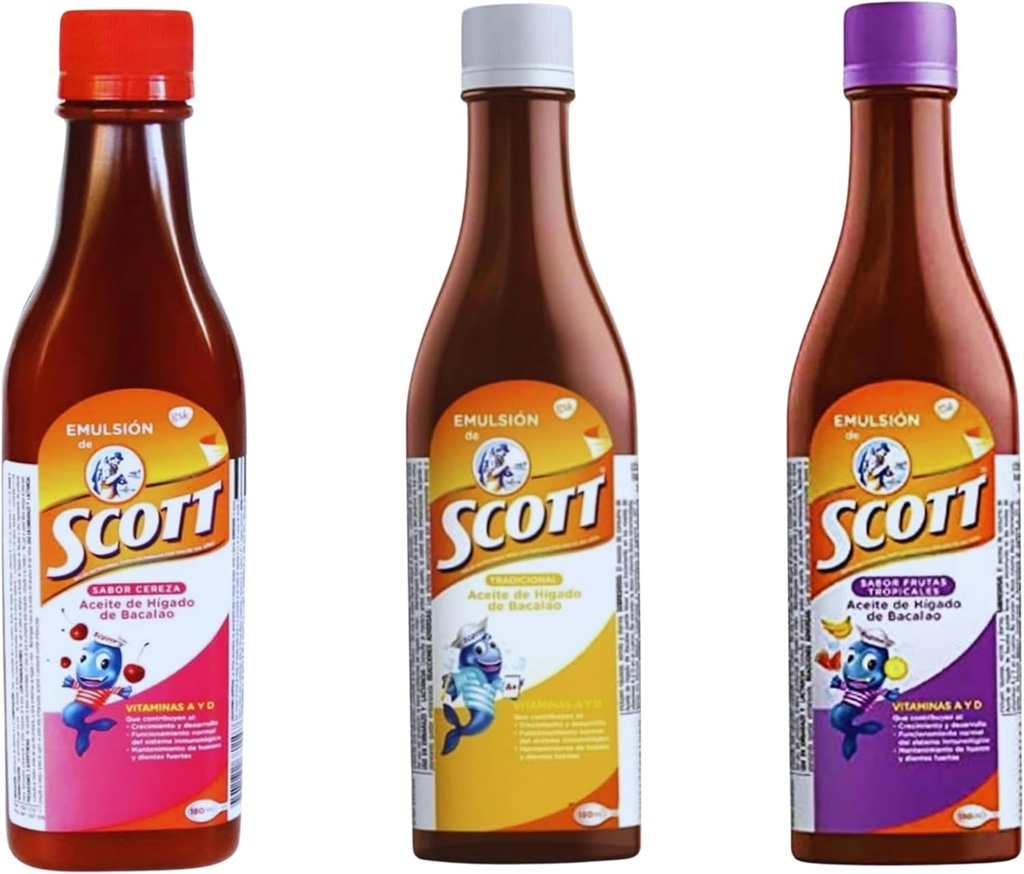 Emulsión de Scott 3 Pack Combo – Cod Liver Oil(传统、樱桃、热带水果火焰) - 180毫升