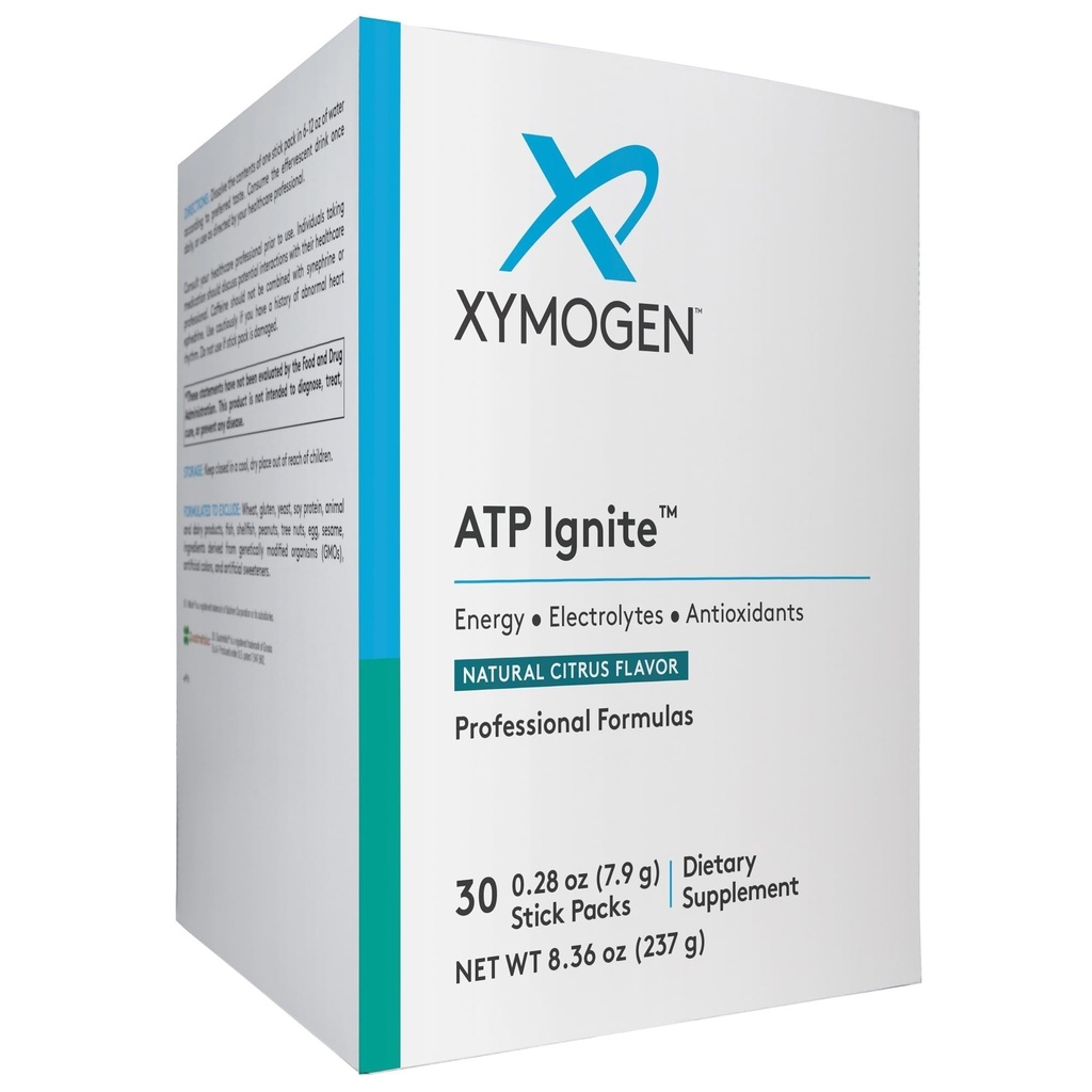 XYMOGEN ATP Ignite 振兴能量饮料粉 - 支持电解质替代+ATP 与抗氧化剂,氨基,维生素,电解质+95mg 咖啡因的生物合成(30 Citrus Stick Packs)