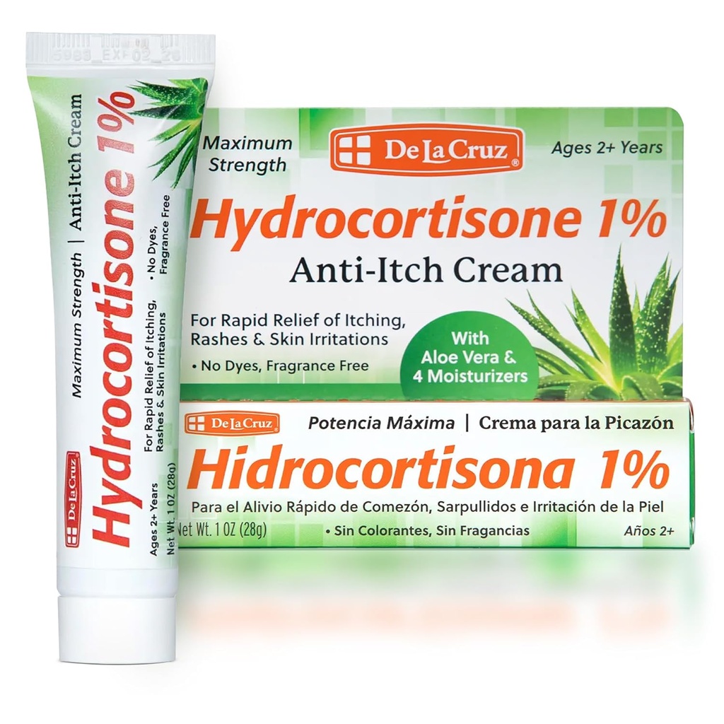 De La Cruz 1% Hydrocortisone Cream - 最大强度 - 带有Aloe Vera和润滑剂的专题抗痒Hydrocortisone Cream用于干皮肤、红皮、皮肤炎、Eczema和Rashes - 1 OZ(28g)