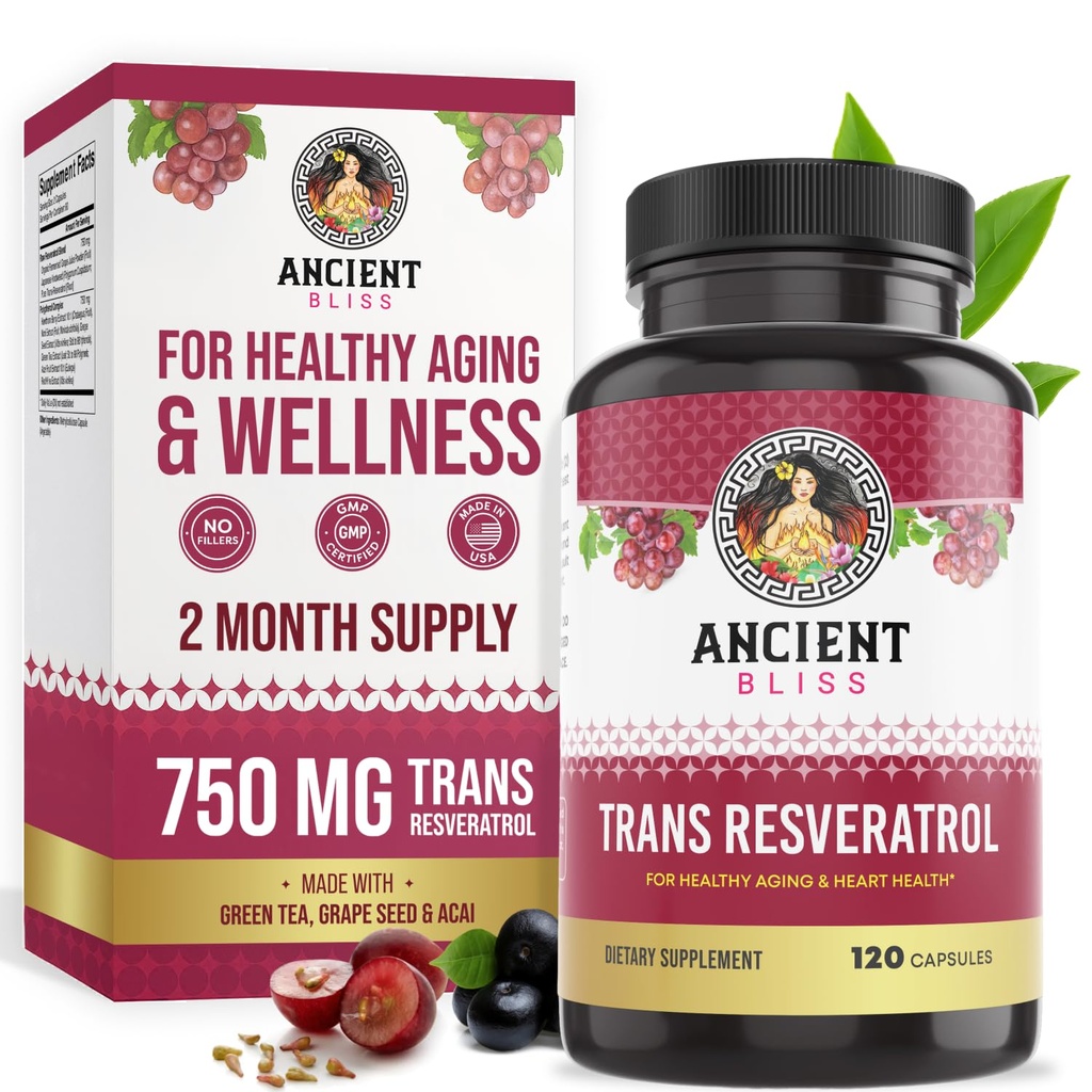 Ancient Bliss Resveratrol 强力抗氧化剂补充剂 绿色茶叶 葡萄种子提取剂 健康老化的男女