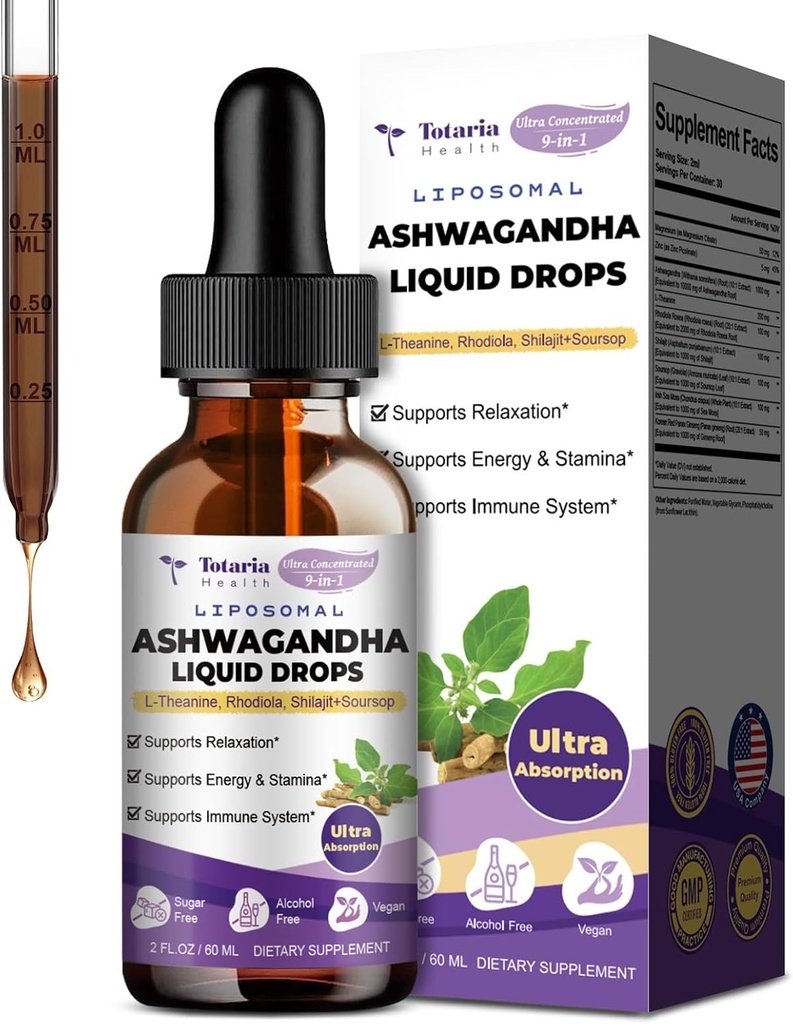 Totaria Liposomal Ashwagandha Liquid Drops w/Shilajit, Magnesium, Soursop, L-Theanine, Ultra Extact Ashwagandha 根提取 = 7% Withanolides = 不含酒精 = = = == ==========================================================================================================================================================================