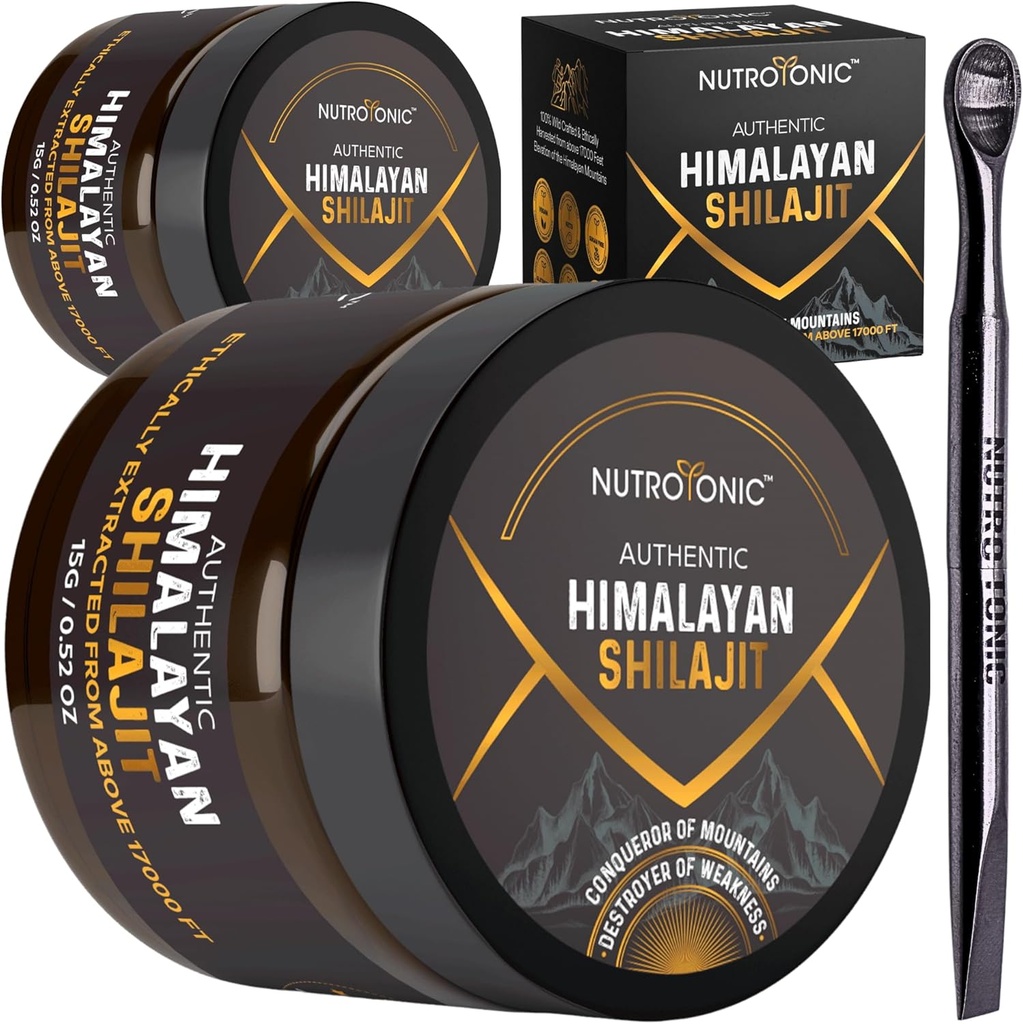 NutroTonic® 真实的喜马拉雅Shilajit Resin for Men & Women - Gold class 86% Fulvic Acid - 野生工艺+17000 FT - 40x Nano过滤和太阳干燥 - 3 政党实验室测试 - 15g Jar(包2)