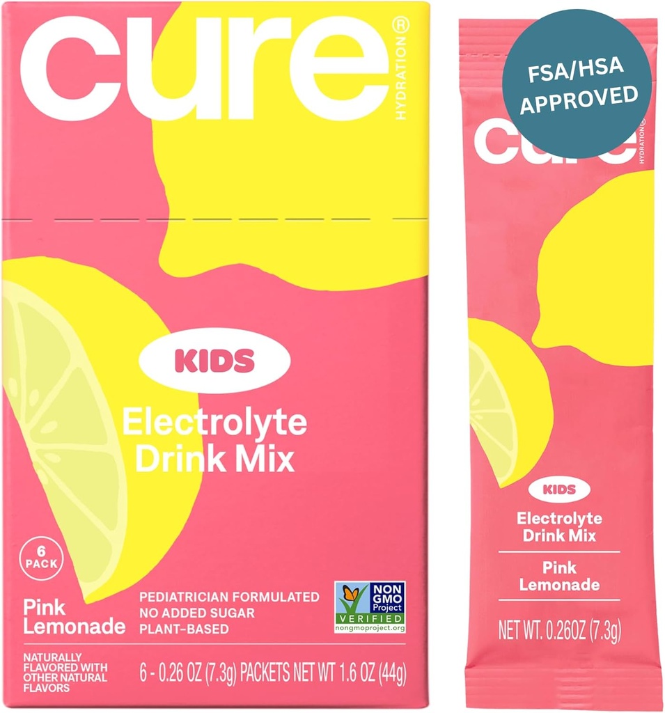 (原始内容存档于2017-09-26). Cure Hydrition Kids Electrolyte Drink Mix QQ 植物类儿科配方补液 QQ 无添加糖,FSA-HSA,Non-GMO,无Gluten-Free,无人工火药 QQ6包装盒 - Pink Lemonade