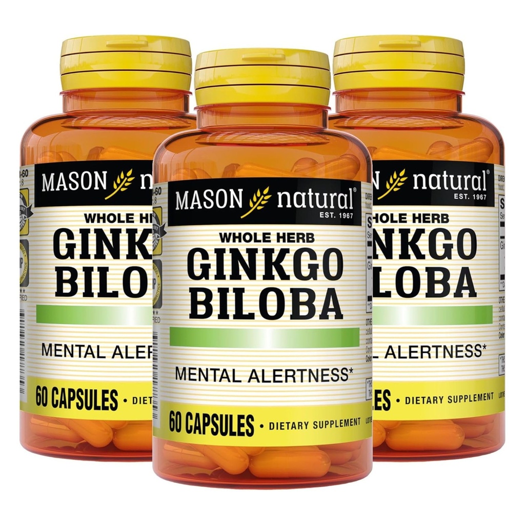 MASON NATURAL Ginkgo Biloba, 3个月供应,帮助改善精神警惕和支持最佳大脑功能,60个卡普尔(3包)