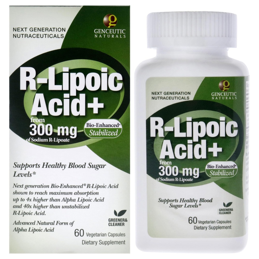 Genceutic Naturals R-Lipoic Acid Dietary Supplement | Vegetarian | Vegan | Gluten Free | Non GMO | 300mg (60 Capsules) | Single Count