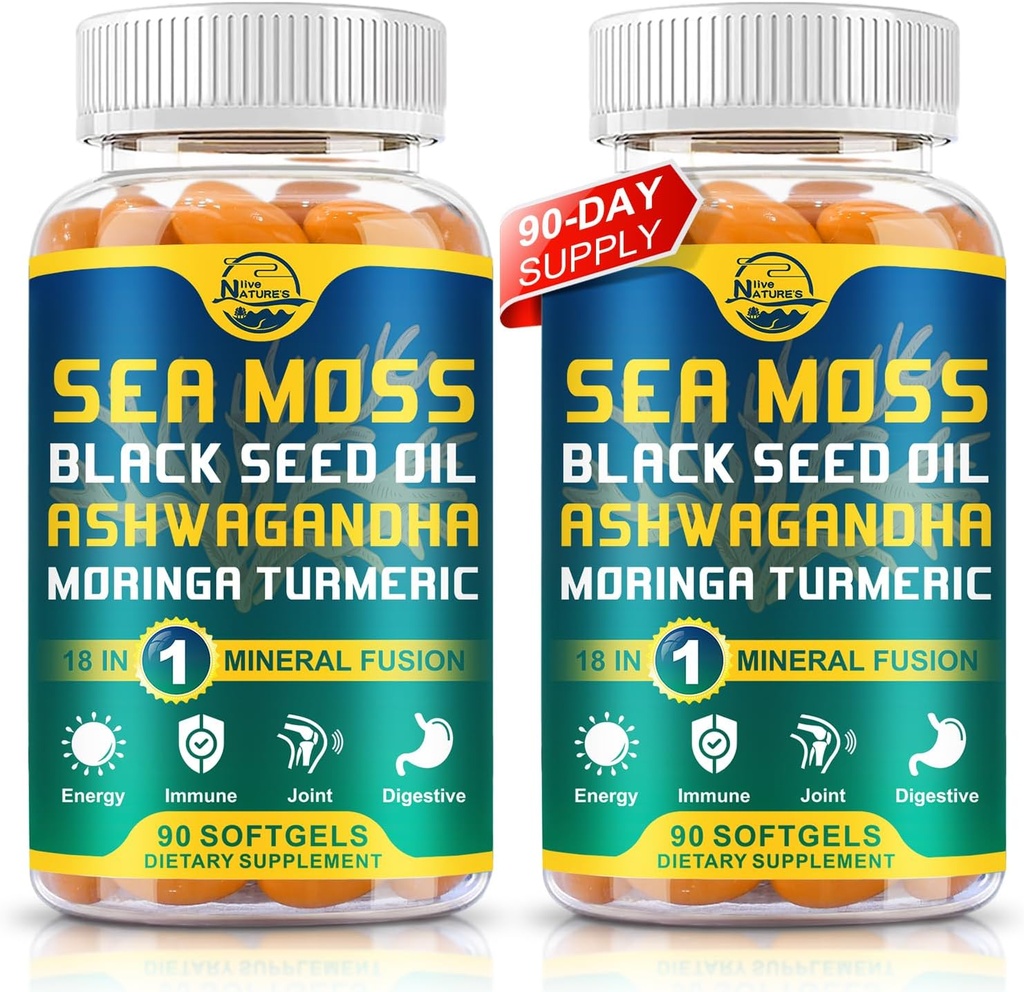 自然活的有机海 Moss软胶 黑籽油 Ashwagandha, Bladderwrack, Ginger, Burdock Root, Manuka Honey, Cinnamon for Imune System, Skin, Energy, 90 Softgels, 2 Pack (英语).