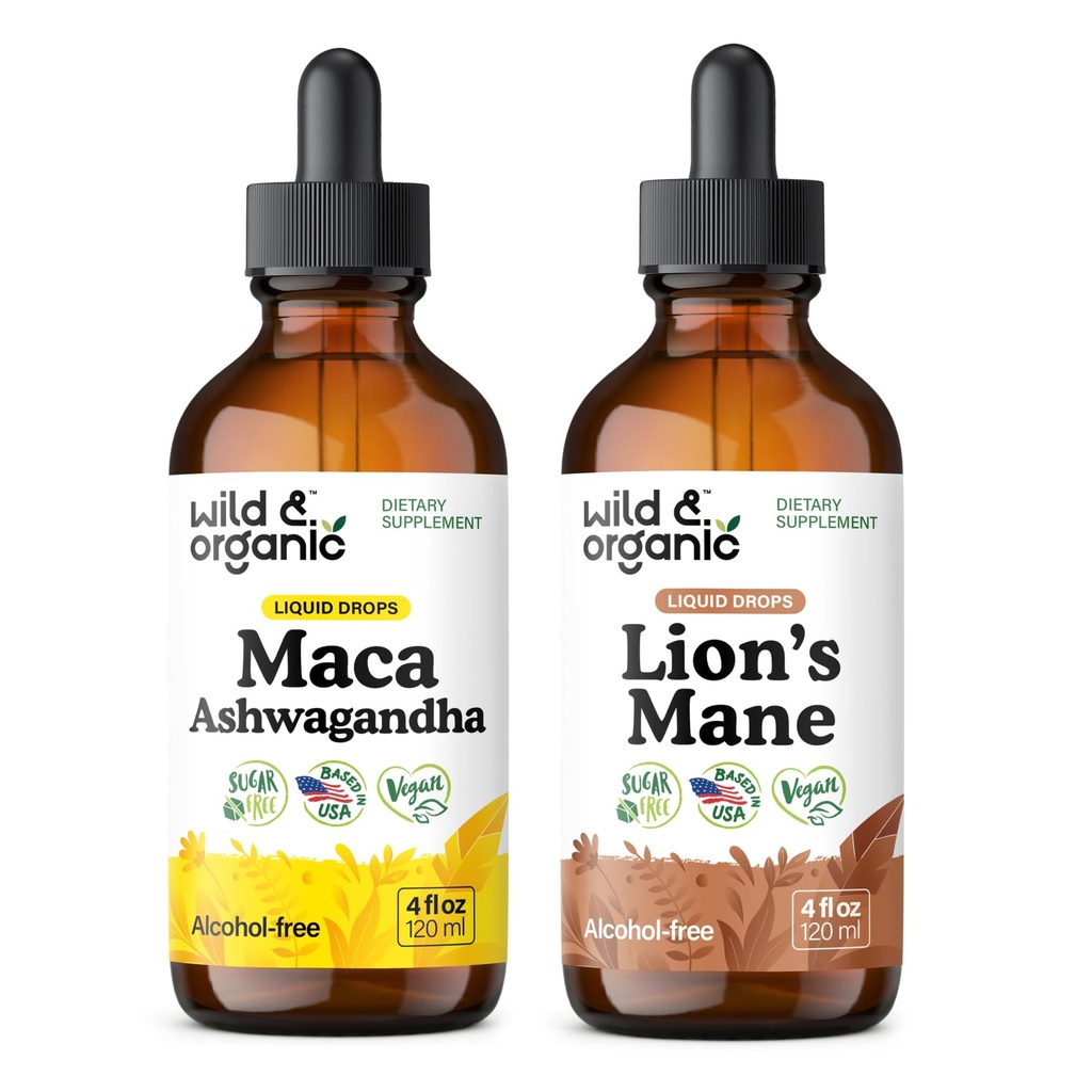 野性与有机 Maca Ashwagandha Tincture 4 fl oz & Lion 的 Mane 叮当 4 fl oz