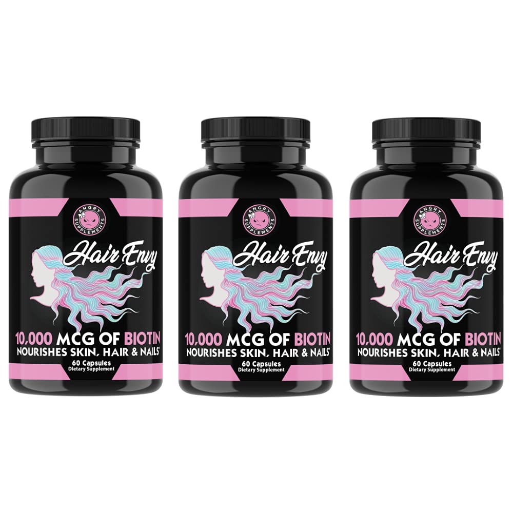 愤怒 补充头发 Envy 10,000 mcg Biotin + Keratin, 生长 + 水合头发, 强化 Thicken Nails, Clear & Nourish 皮肤 – 帮助损坏的瘦毛, (3-瓶)
