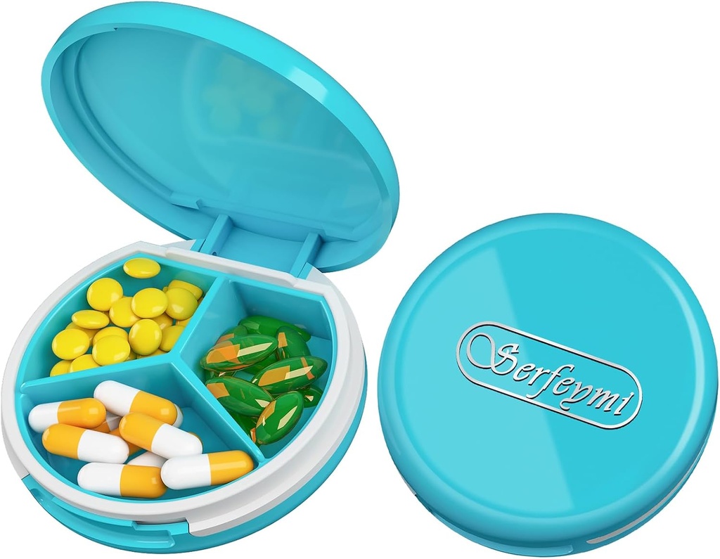 Serfeymi小药丸盒 - 3 Portable Pill Box for Purse Pocket, Contract mini Travel Pill case - 适合医药,维生素,鱼油,补充品 - 浅蓝色(Logo)