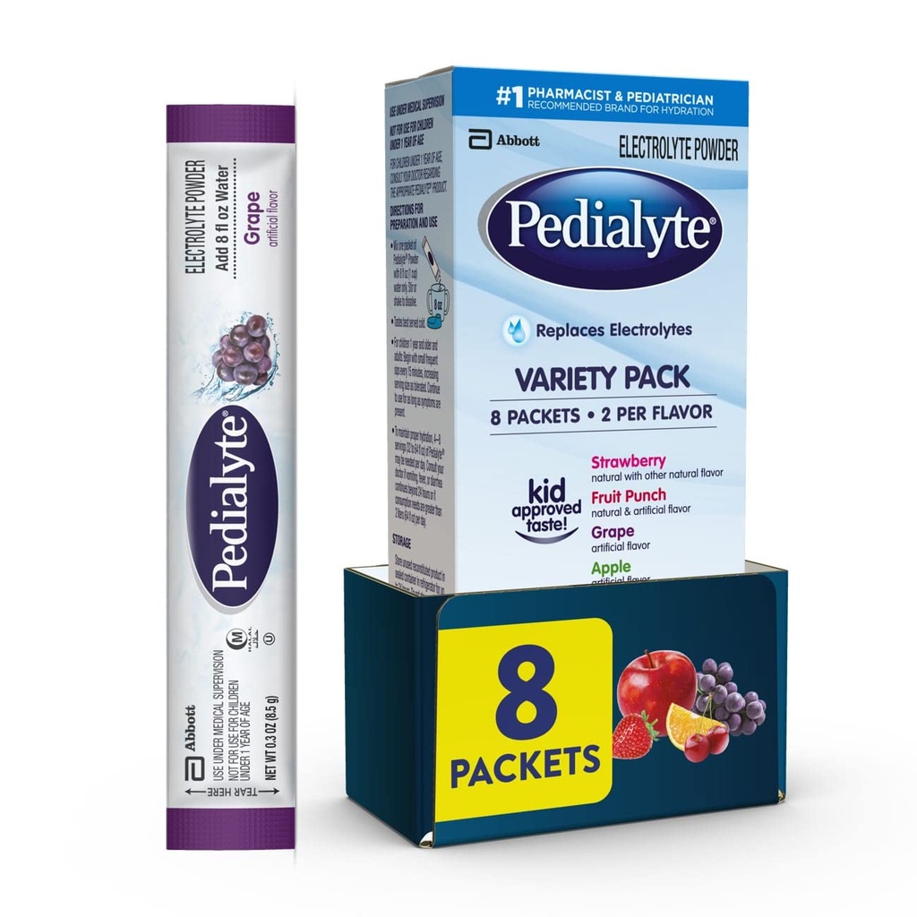 Pedialyte Electricrolyte Powder 儿童与成人水分饮料 品种包:葡萄、草莓柠檬汁和橙色,8个粉末包