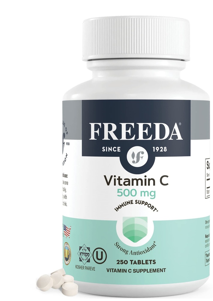 FREEDA VAGEN 维生素C 500mg – Kosher Imune 支持和抗氧化剂 – 帮助保持健康的皮肤和头发,支持铁吸附 – 不粘液,不乳糖,不人工火花或颜色 – 250 片