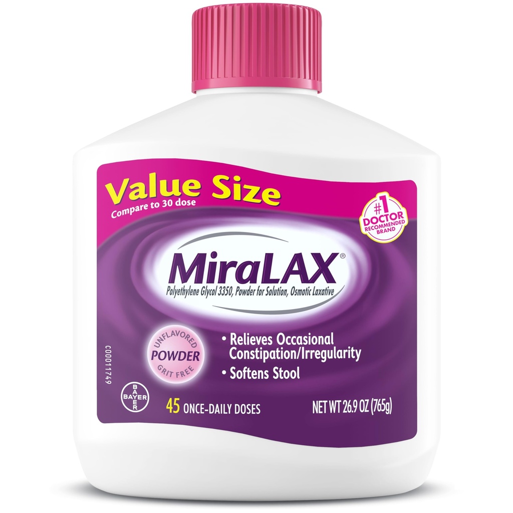 MiraLAX 乳酸粉、成人便秘缓解剂、带PEG 3350的软凳、非兴奋剂乳酸剂、无哈什副作用、Osmotic Laxative、45剂量