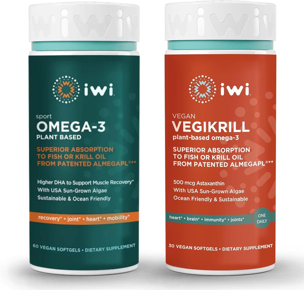 iwi Omega-3 Sport & Vegikrill Omega-3 Bundle, 30名服务员, Vegan 厂制藻类 Omega 3 配有 EPA + DHA, Krill 和鱼油替代品, 无鱼余味