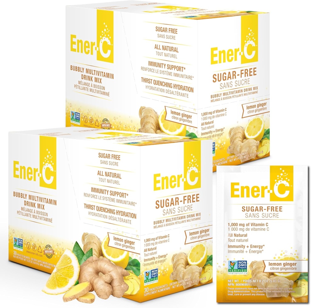 Ener-C 无糖能源 柠檬 姜 多维他命 饮料 Mix 维生素 C 1000mg & Electrolytes - 用真正的水果汁粉支持自然豁免 - Non-GMO Vegan & Gluten Free - 60 Counter