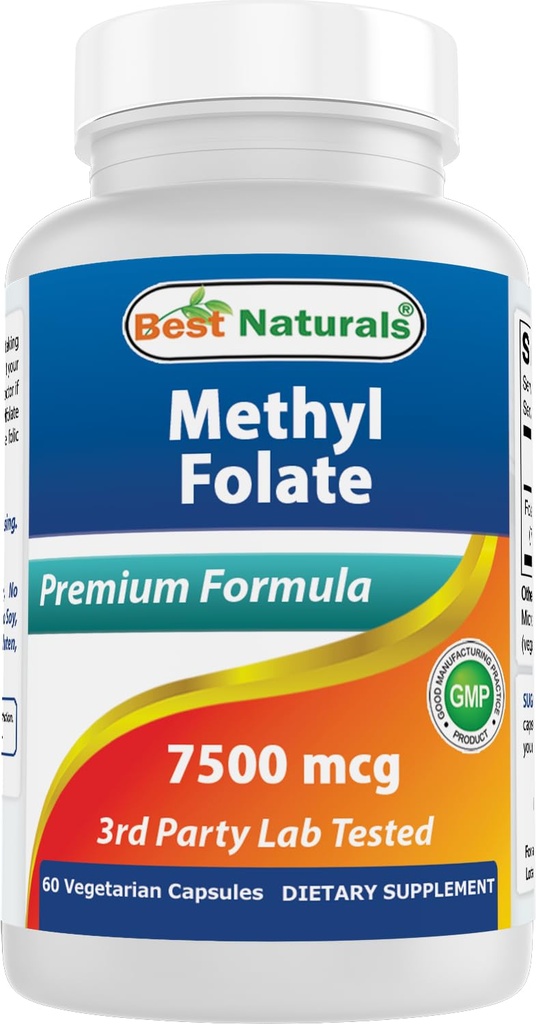 Best Naturals Methyl Folate 7500 mcg(7.5mg)(最易感染) Veggie Capsule - 支持细胞形成生长功能,脑,记忆,心血管健康,60 Counter