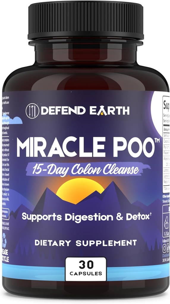 15 Day Gut Cleanse, Miracle Poo Colon Cleanse Cleanse Capsules for Detox 和 消化性健康支持 与Psyllium Husk, Senna, & Cascara Sagrada, Non-GMO, 30 Capsules