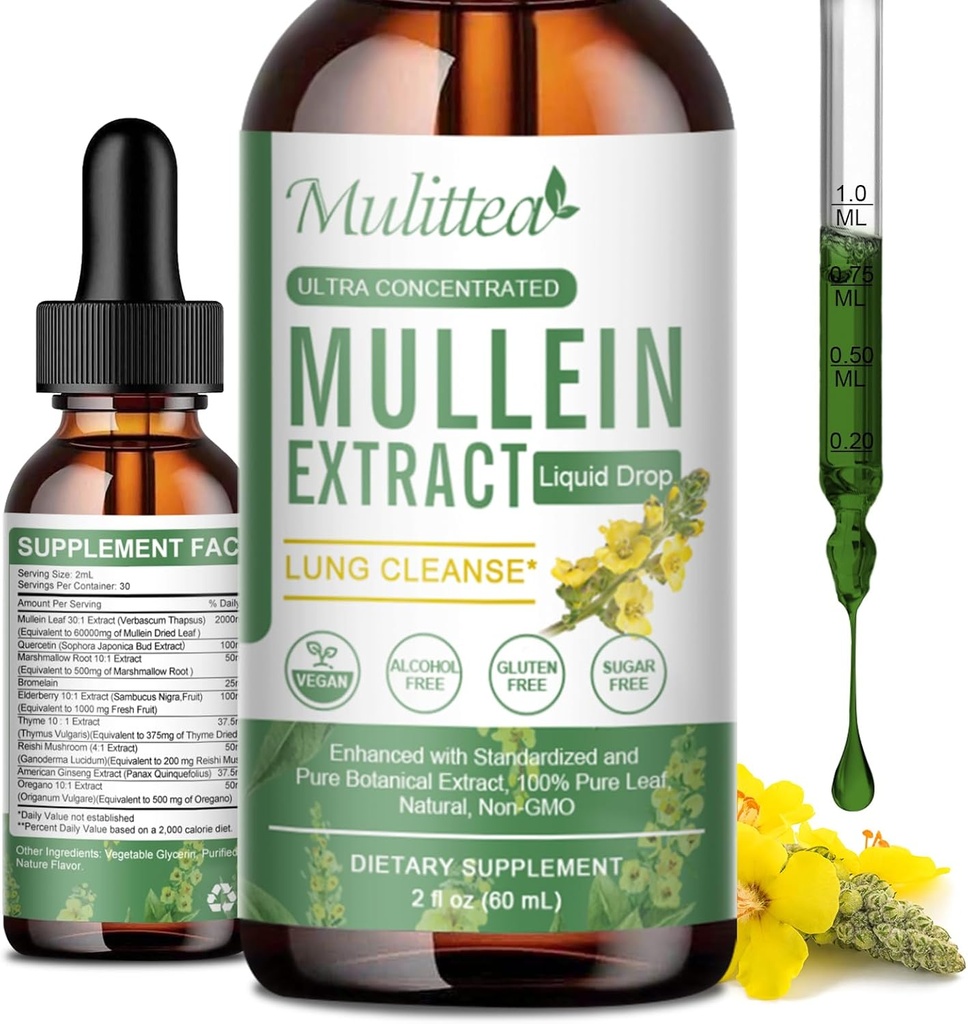 Mullein Drops for Lungs & Lymphatic Draineage - Lung Cleanse & Detox - Vegan Mullein Leaf 提取支持 Imune,呼吸消化剂 - 9 更新的草药补充剂 - 液体