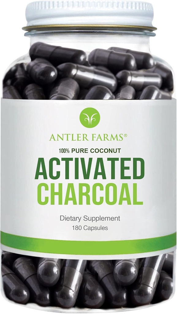 Antler Farms - 100% Pure Coconut Activated Charcoal, 180 Capsules 260mg - Wild Harvested, Virgin Coconut Shell, USP Food Grade, Steam Activated, Ultra Fine