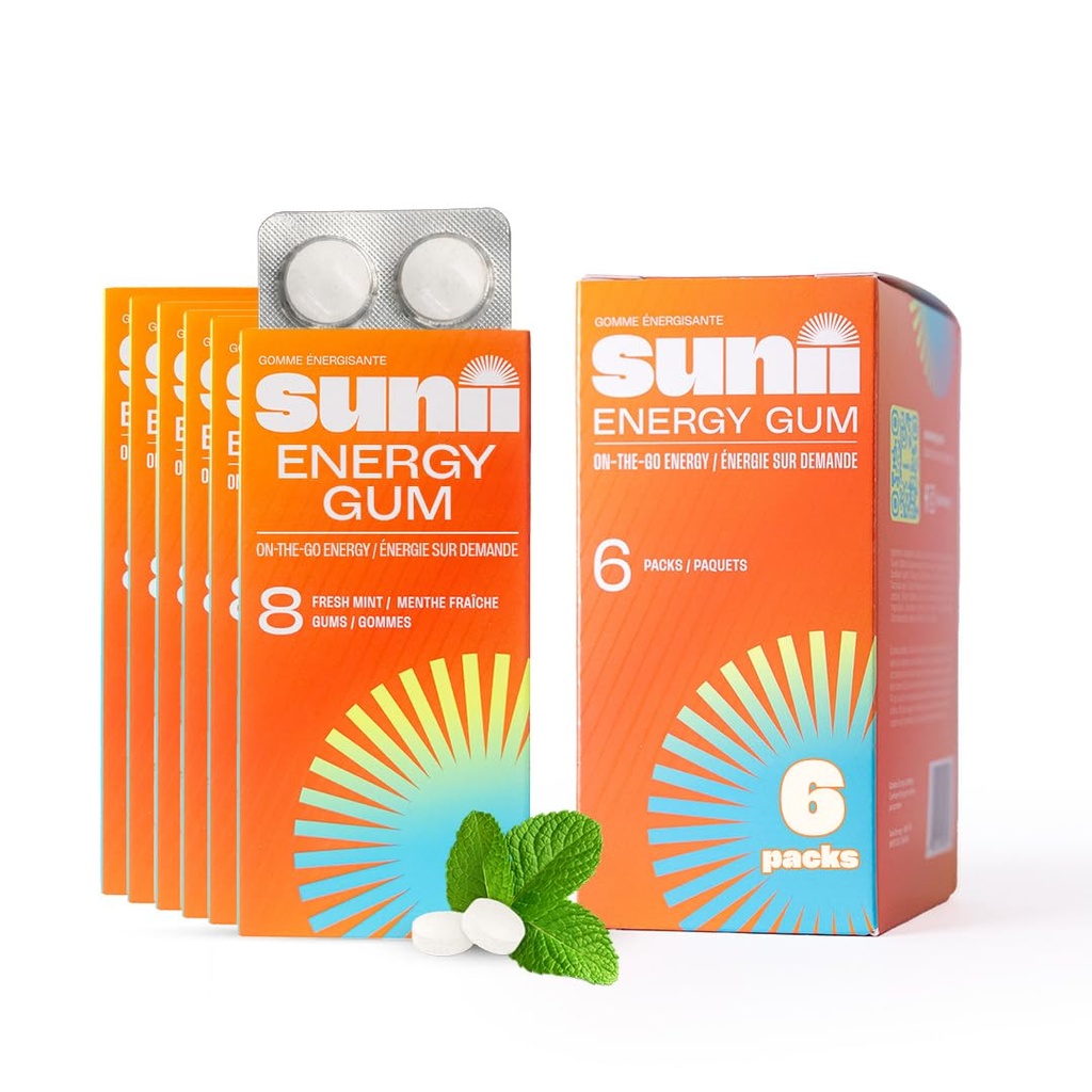 Sunii - Energy Gum - New Quick Boost Energy & Focus - 50mg Cafeine Gum - 维生素B6 & B12,陶林,维冈,无糖,零卡路里,新鲜薄荷味 - 比Chews, Drinks, Gels & Pills(48pcs)更快.