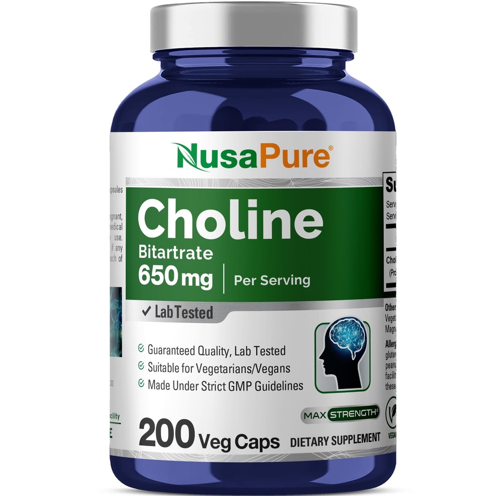 NusaPure Choline Bitartrate 650 mg 200 Veggie Capsules (Vegetarian, 非GMO, Vegan) 维加塔利语 维加塔利语 维加塔利语