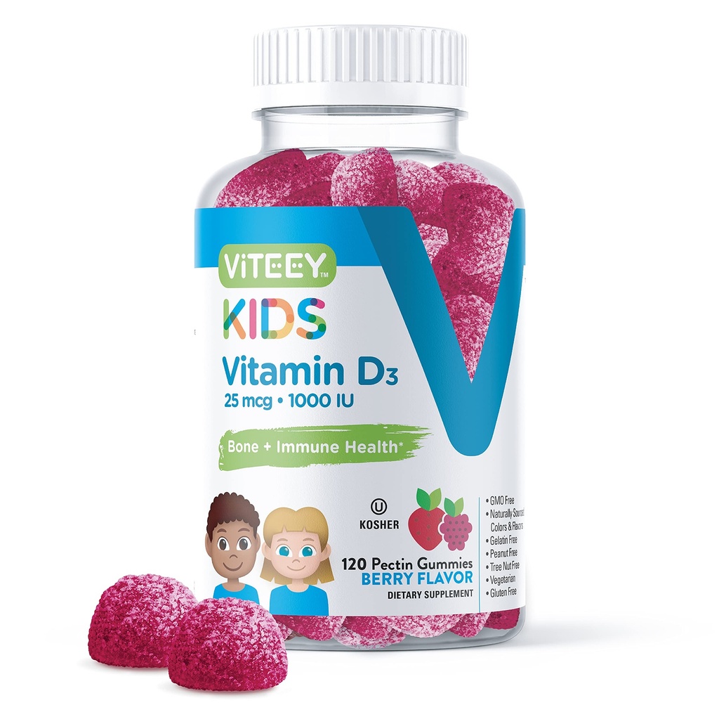 Viteey Vitamin D3 Kids Gummys 25mcg 1000 IU - Bone Health, Immune Health, 联合肌肉支持 - 蔬菜, Gelatin Free, Gluten Free, GMO Free - Tasty Chewable Berry Flavored (英语) - 口味可口的Berry Flawared