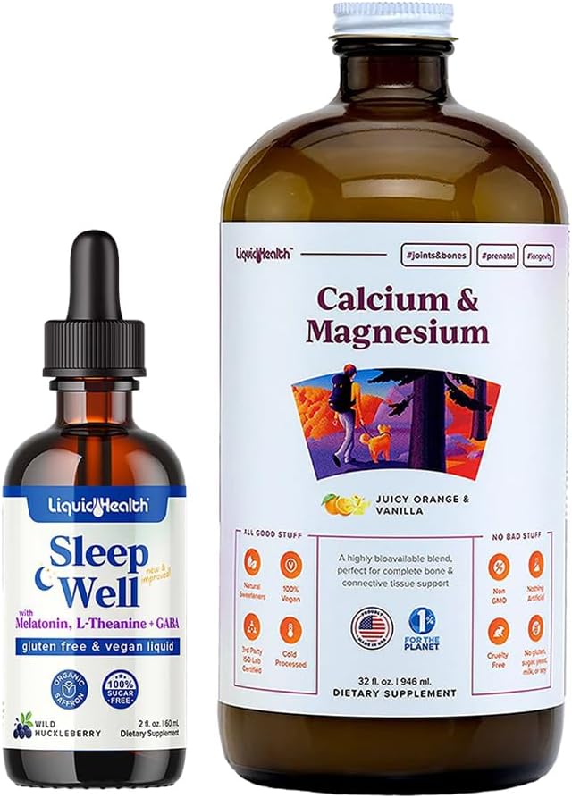LIQUIDHEALTH 睡眠井 Melatonin Drops & 钙和镁液体联合补充剂 -- -- 天然草药睡眠援助、促进放松、骨骼、组织、和联合支助 -- -- 美国制造、Vegan、非GMO