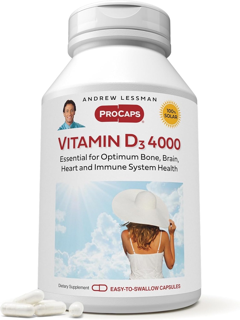 AndreW Lessman 维生素 D3 4000 IU 180 卡普尔 - 高潜力,对钙吸收至关重要,支持骨质健康,健康肌肉功能,免疫系统,更多。