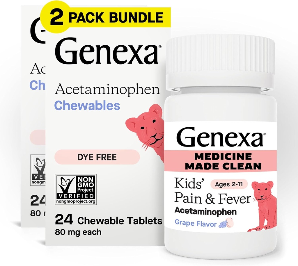 Genexa Kids ' s Clean Pain & Fever Acetaminophen Chewables, Dye Free, 0 % 人工添加剂,美味葡萄火焰,可口食品 儿童用药 2-11,每片80毫克,48cm(2包)