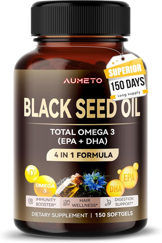 有机黑种子油 - 150 软胶 - 100% 冷压 Omega 3 (EPA + DPA) - 皮肤,毛发,免疫支持(150个计数(1包))