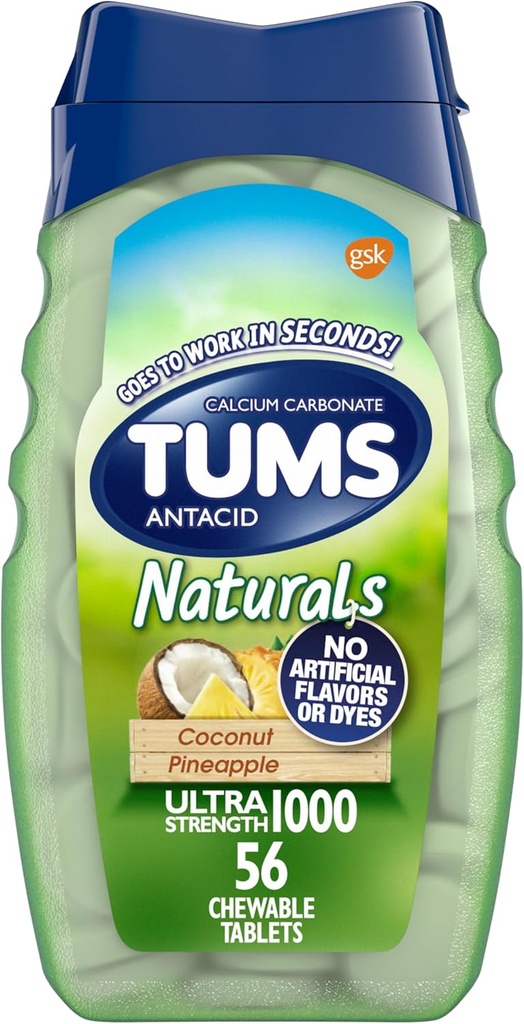 TUMS Naturals Chewtra 超强安塔西德Chews for Heartburn Relief, Coconut Pineapple - 56 Counter (中文(中国大陆) ).