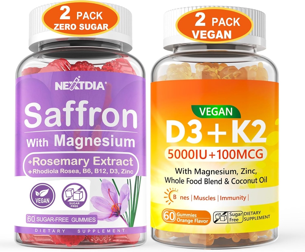 2Pack 沙发补充剂 Gummys + 2Pack Vegan Vitamin D3 5000IU K2 Gummys,全食品混合剂,椰油,镁