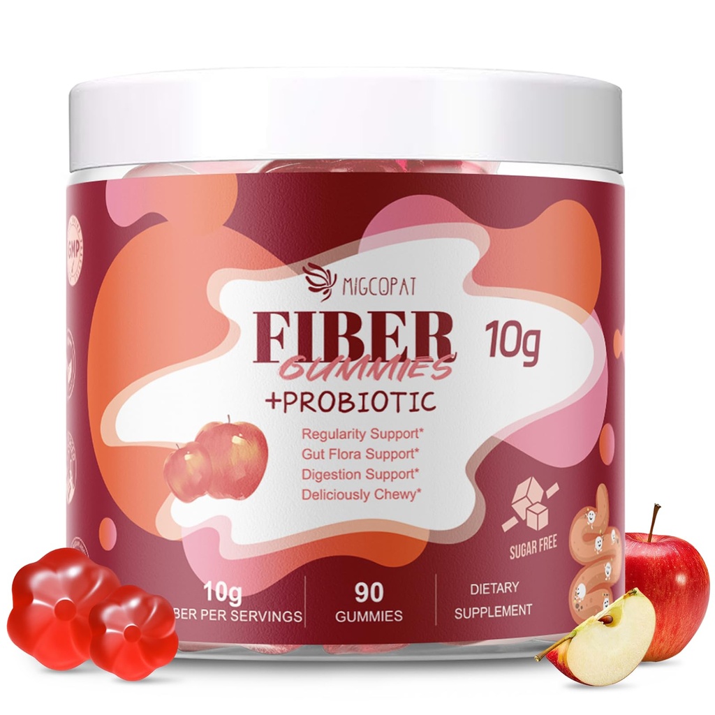Fiber Gummys with Probiotics, 10G Fiber per service No Sweet 添加的苹果Flavor, 10亿 CMFU Probiotics Blend, 苹果苹果苹果醋醋,维生素C, 胰岛素, Brouting 支持 90 Count