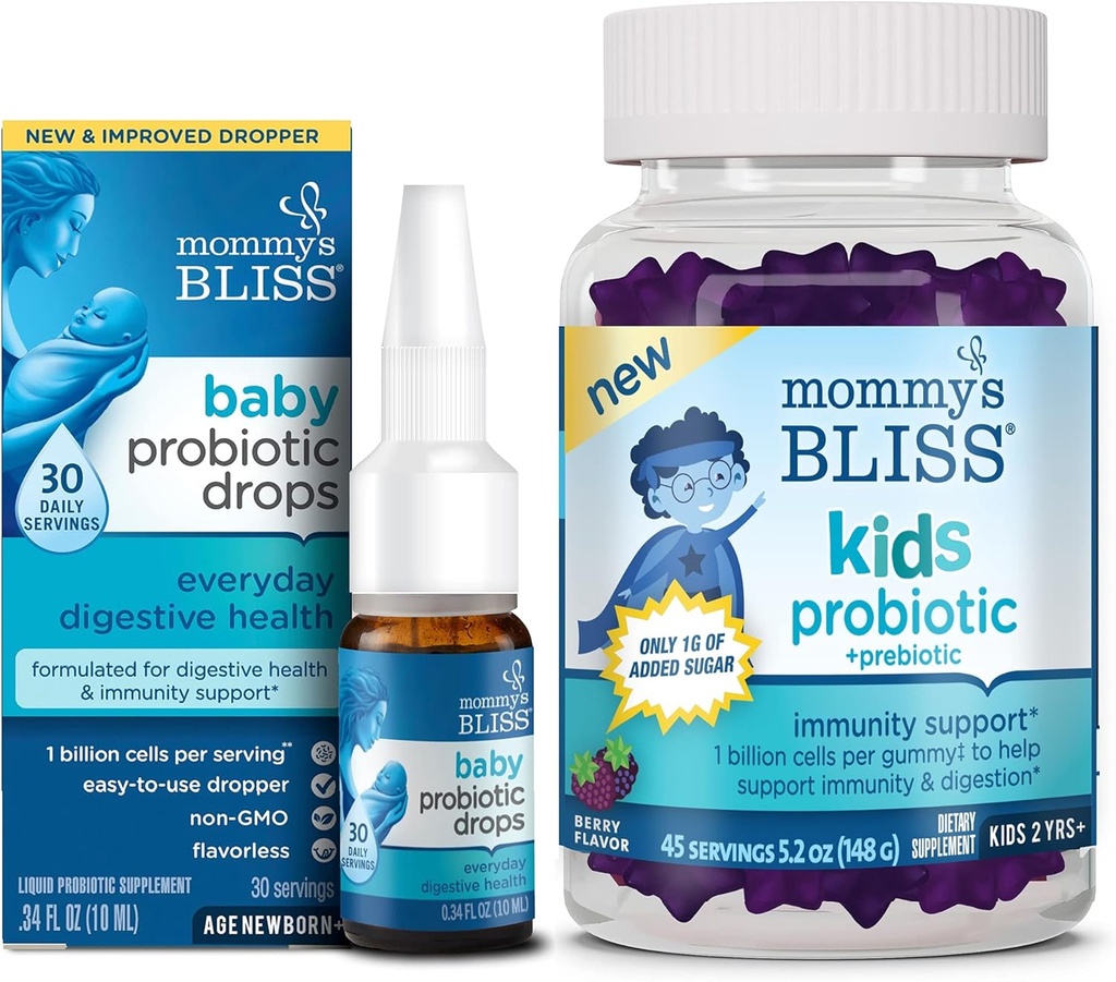 母亲的Bliss婴儿 Probiotic Dropps 每日30 服务(一包) 儿童 Probiotic + Prebiotic Gummys 45 服务(一包),所有年龄的豁免支助:儿童和成年人的新生儿