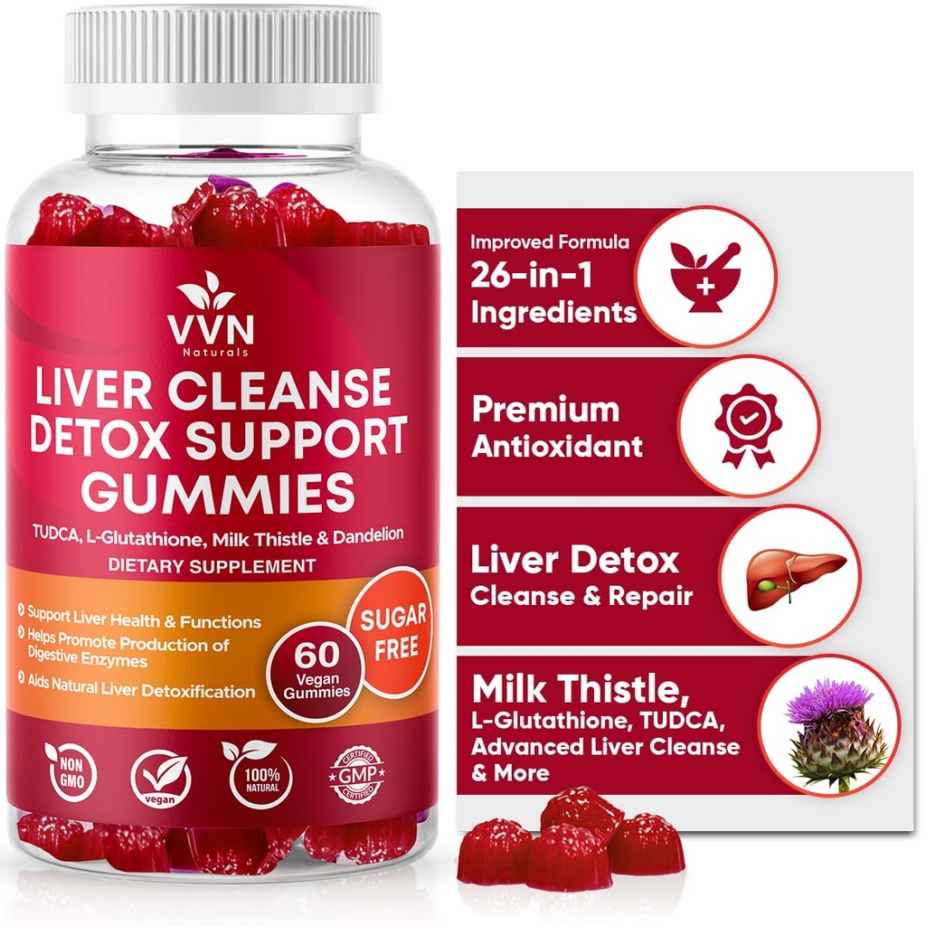 VV Naturals Sugar-free 26-in-1 Liver Cleanse Detox & 修復肥肝方程式 Gummys; 3000mg Blend of Glutathione, Silymarin 牛奶硝酸盐, Choline, TUDCA QQ Liver Detox Gummys - 60 Vegan Ct