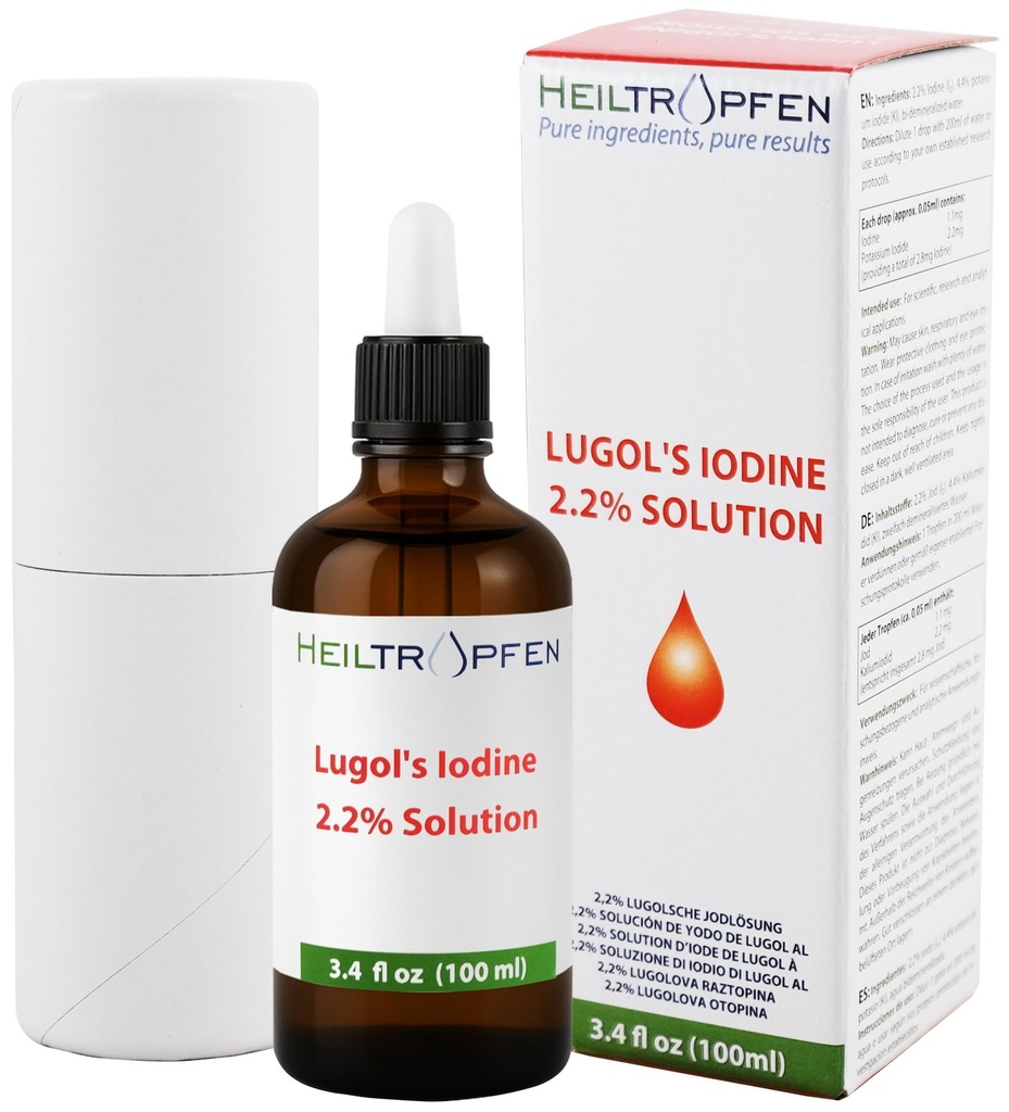 2.2%的Lugol碘溶液 3.4 Fl Oz + 药品级成份 + 使用碘和碘钾制成的Lugols溶液. 海尔特罗本
