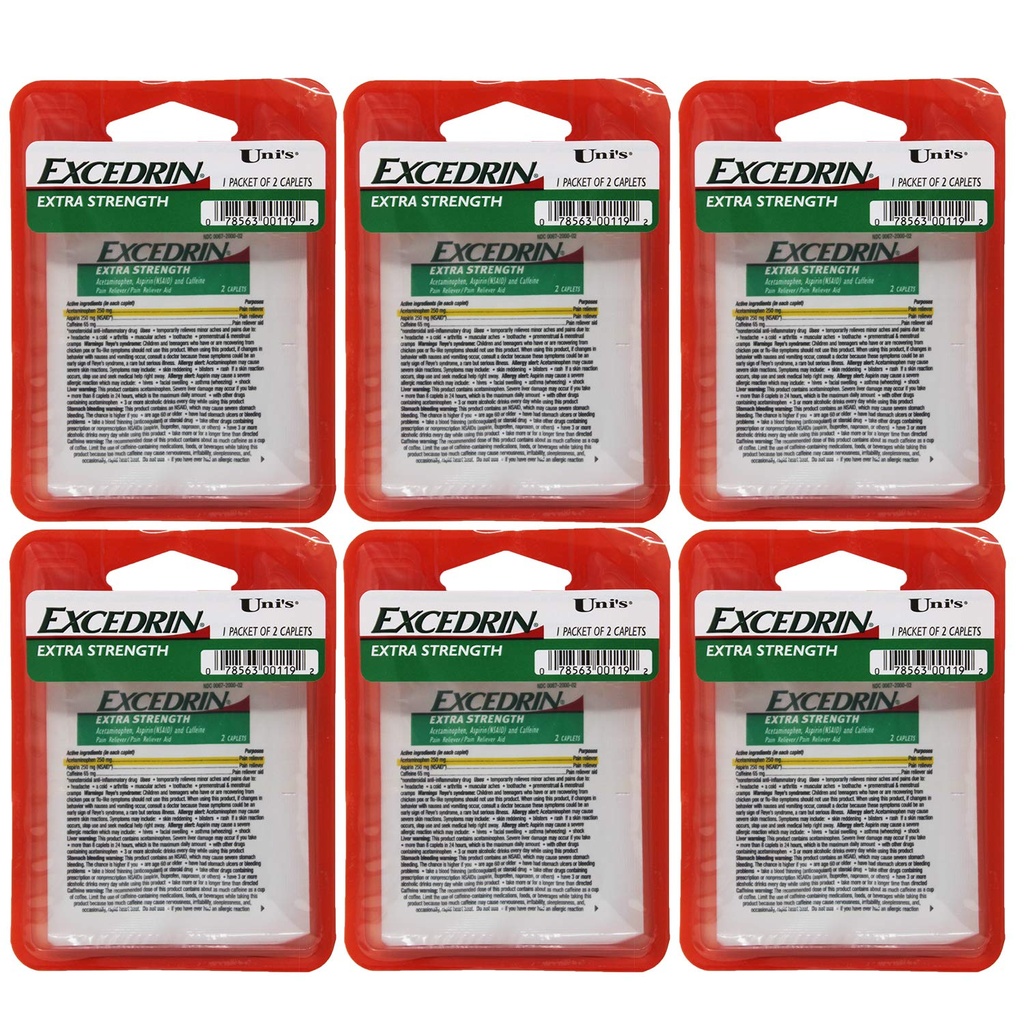 Uni's Excedrin Extra Force 6 计算每个包中的单剂量减肥2个卡片. 帮助了雷利耶夫头痛,牙痛,背痛,月经结节,常见冷,和肌肉痛.