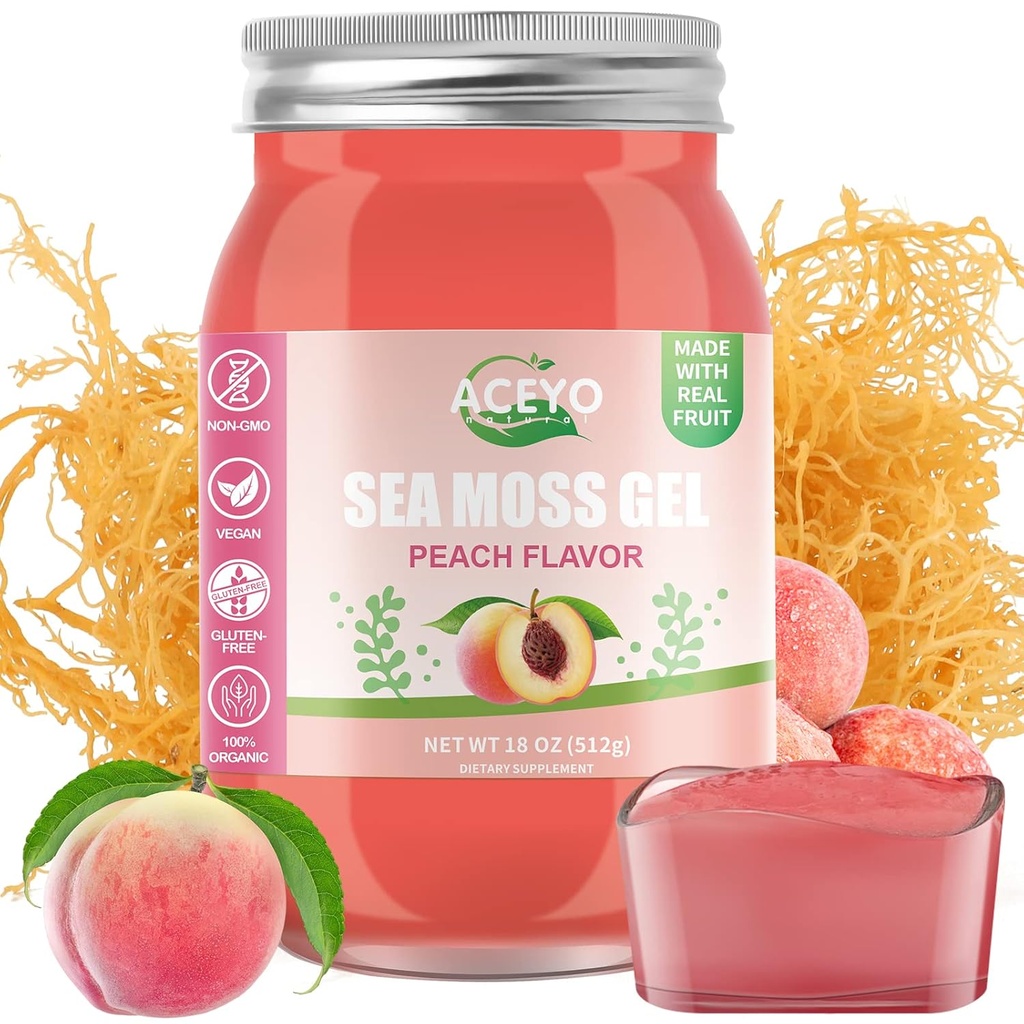 ACEYO(18 OZ) 爱尔兰海 Moss Gel 有机 Raw Vegan Peach Flavor 102 维生素和矿物野生收获 非GMO Immune Defense Booster 甲状腺素消化支持