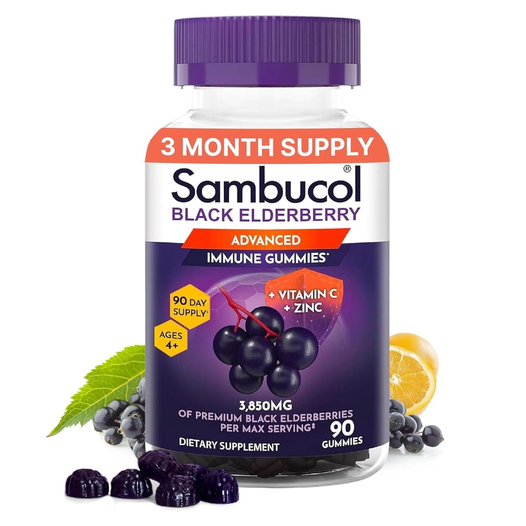 高抗氧化剂支持免疫的Sambucol Elderberry Gummys; 维生素C; 锌; Sambucus Elderberry Gummys; 高抗氧化剂支持免疫的Sambucus; Gluten Free; Vegan; 1 Gummy Per Service; 90 Counter(90天供应)