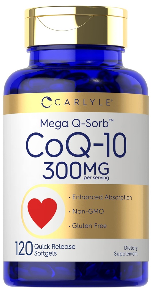 Carlyle CoQ10 300mg → 120 Softgels → Mega Q-Sorb Coenzyme Q- 10 → 与黑胡椒提取 → Non-GMO, Gluten 免费补充