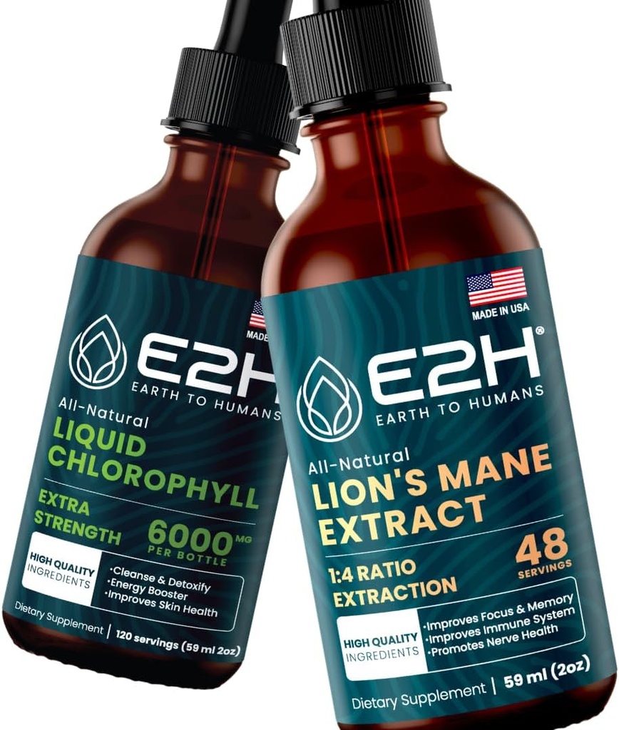 E2H:液态氯phy和狮子的马恩蘑菇 | Vegan,非GMO - 2 Fl Oz Each (共4 Fl Oz) - Bundle