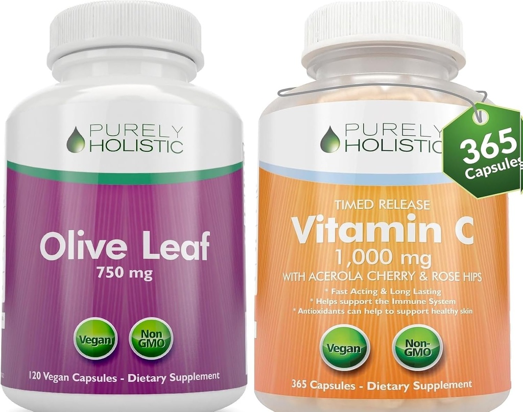 Purely Holistic Olive Leaf Extract 750mg + Vitamin C 1000mg 2 Stage Release Bundle - 485 Vegan Capsules - Made in The USA