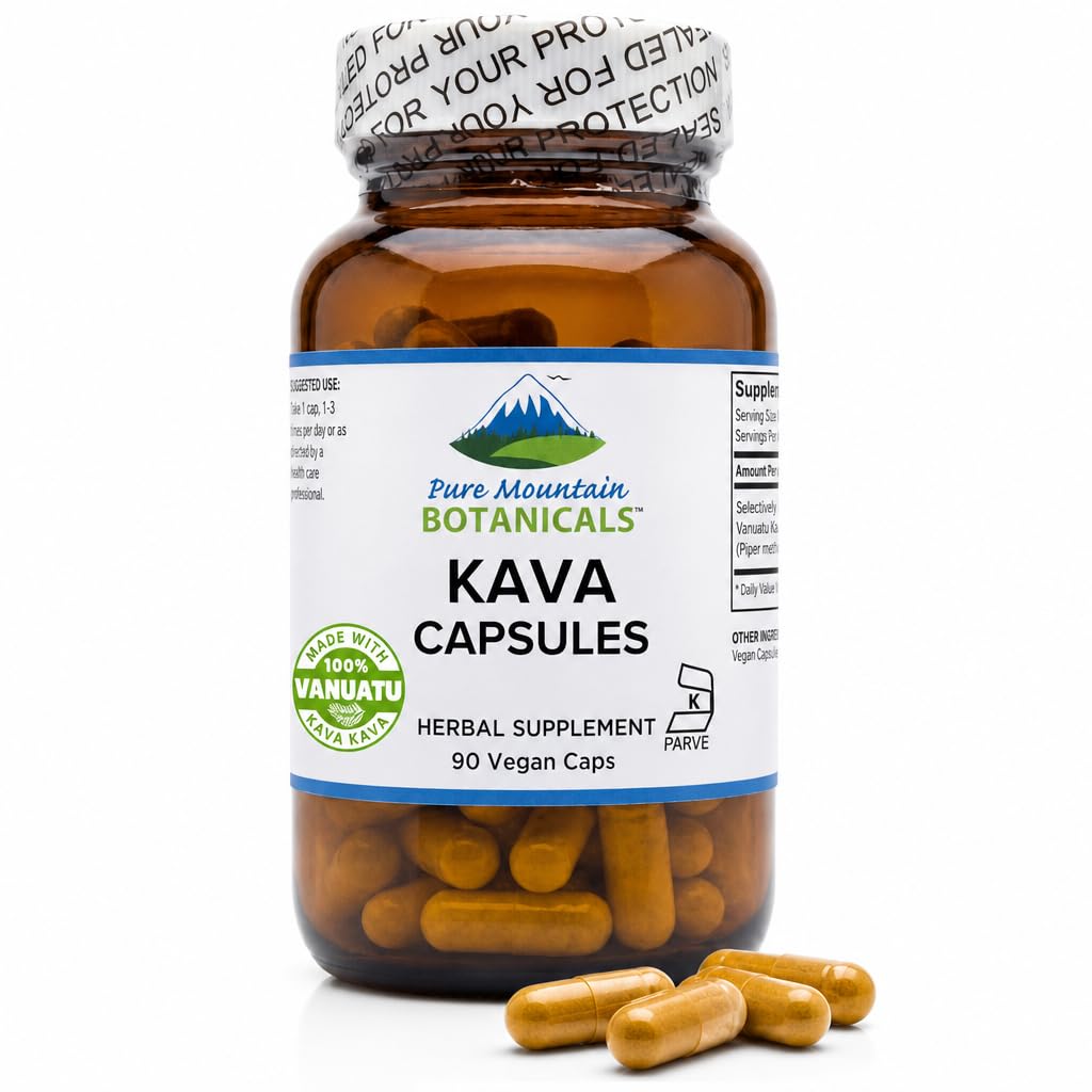 Pure Mountain Botanicals Kava Kava Capsules - 400mg Wild-Harvested Vanuatu Root - 90 Capsules - Vegan, Kosher, Non-GMO, Gluten-Free Supplement