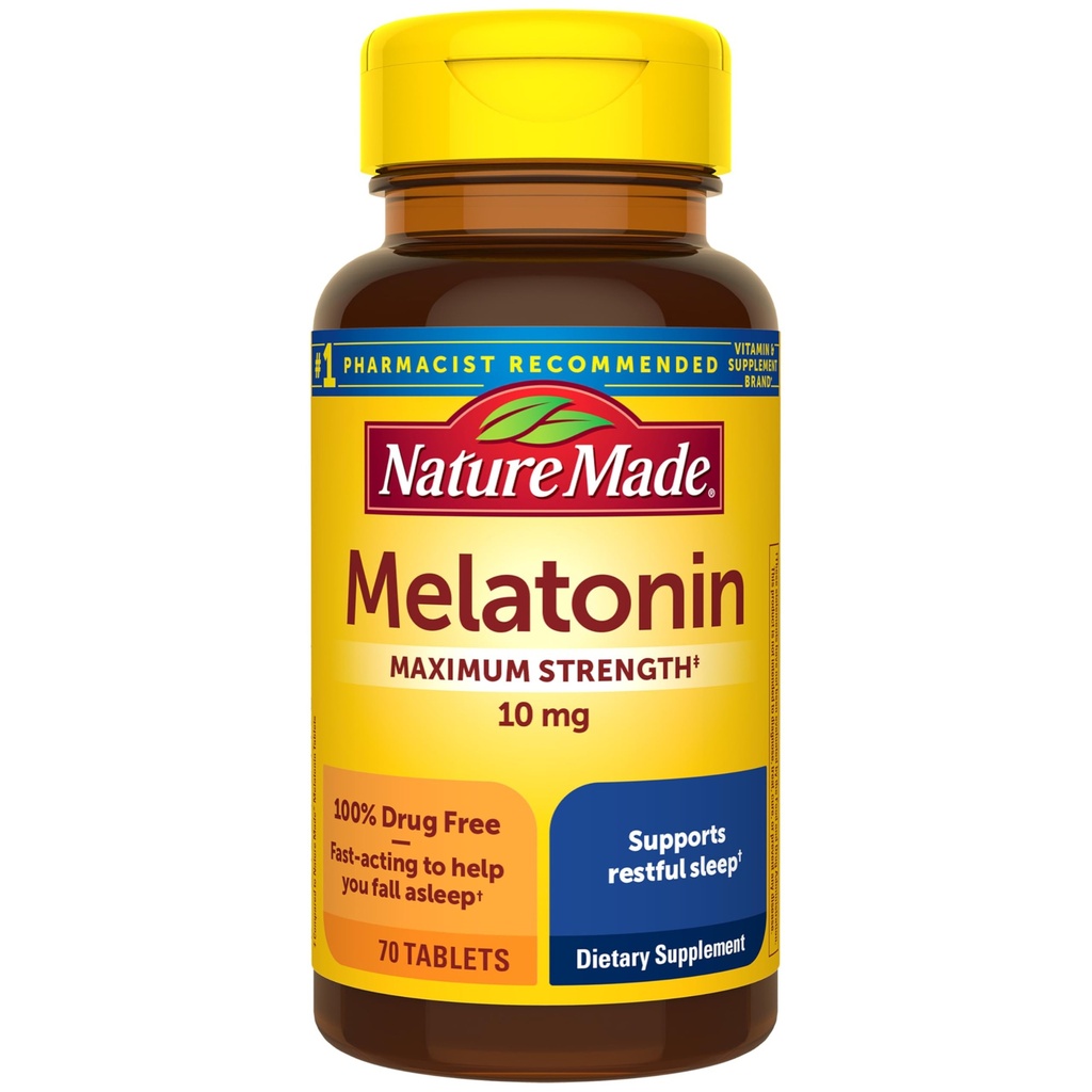 大自然制造了Melatonin 10mg 最大强度片,100%的成人无毒品睡眠援助,成人的Melatonin,70个计数,70天供应